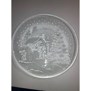 Clear Glass Vintage Christmas Plate Platter With Snowman & Tree Design